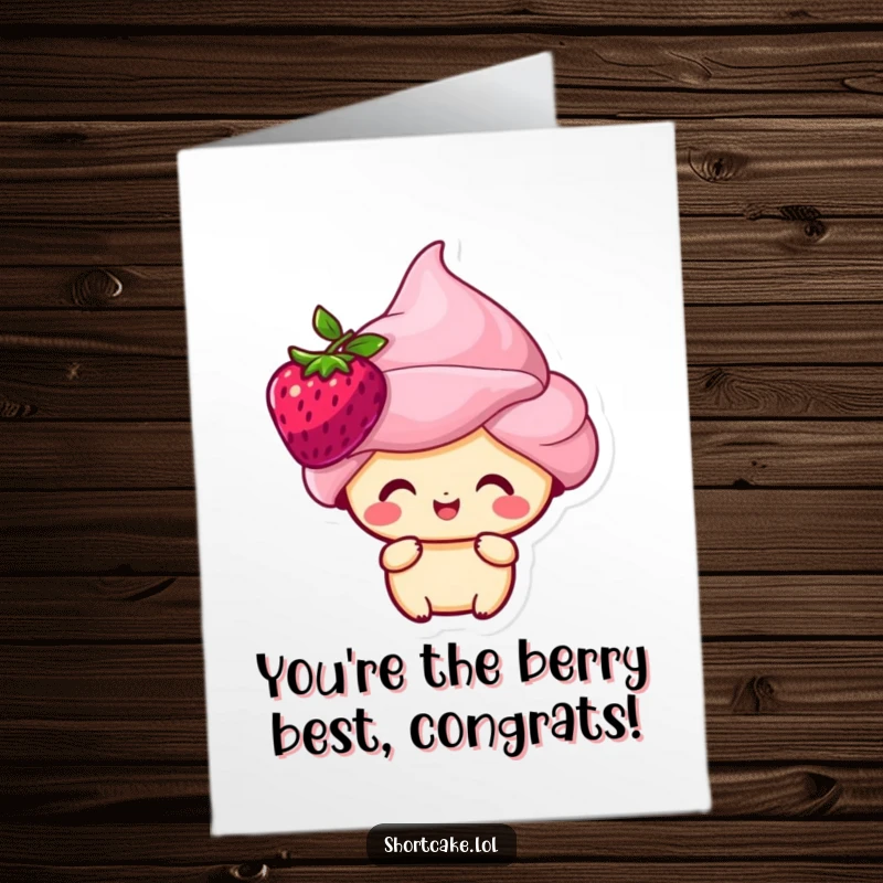 Funny free printable congratulations card featuring a happy shortcake character with a berry crown, celebrating achievement.