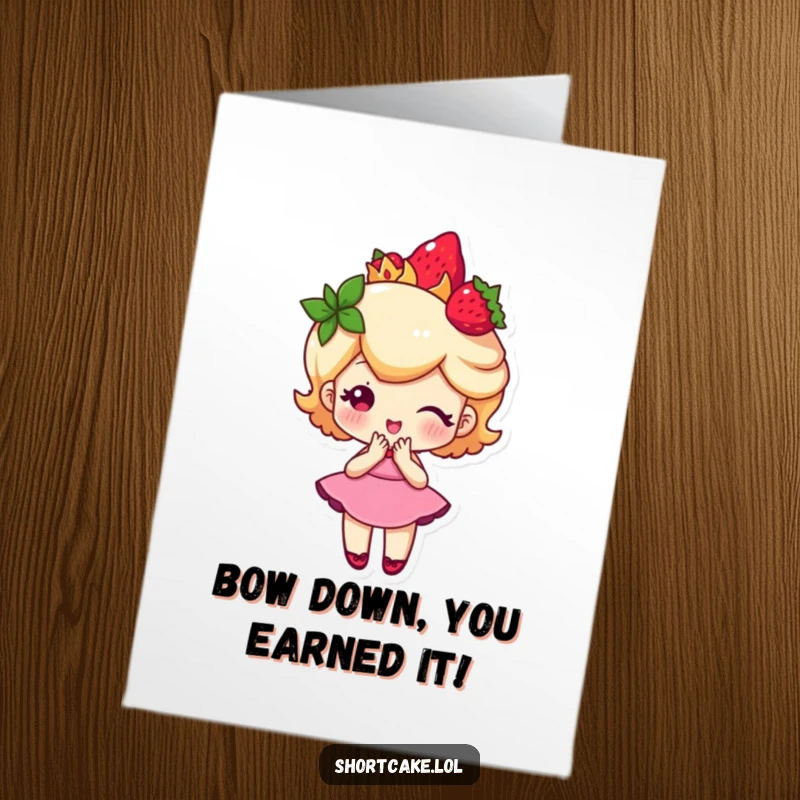 Funny Free Printable shortcake slice character wearing a strawberry crown and doing a curtsy, celebrating a noble win.