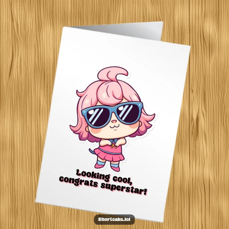 Funny Free Printable Congratulations Card: Cute shortcake character sports oversized sunglasses, striking a hilarious, sassy, goofy pose.