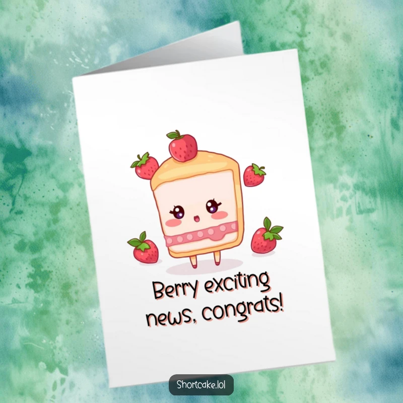 Funny Free Printable Congratulations Card: A shortcake slice character reacts with surprise to a berry falling unexpectedly from above.