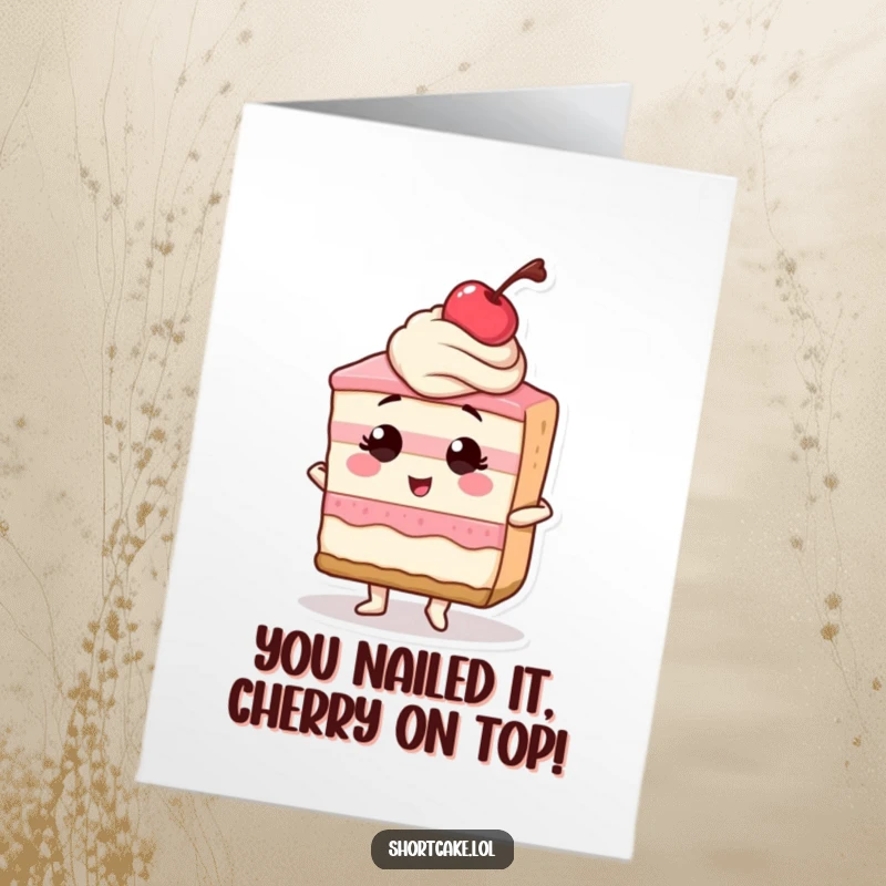 Funny free printable congratulations card showing a shortcake slice striking a confident pose with a cherry on top, celebrating accomplishment.