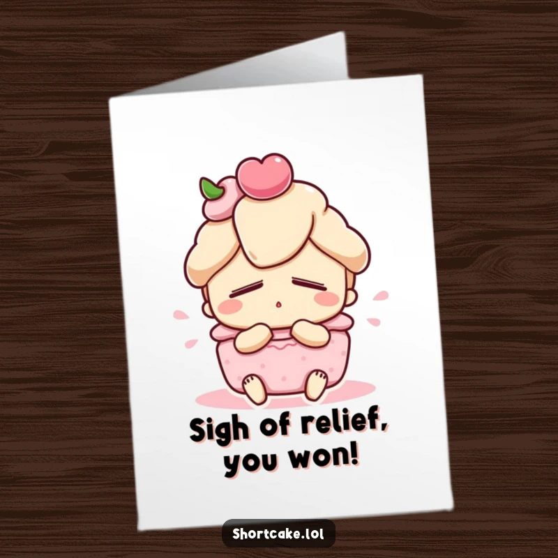 Funny Free Printable Congratulations Card with a shortcake character sighing with deep satisfaction after a sweet success.