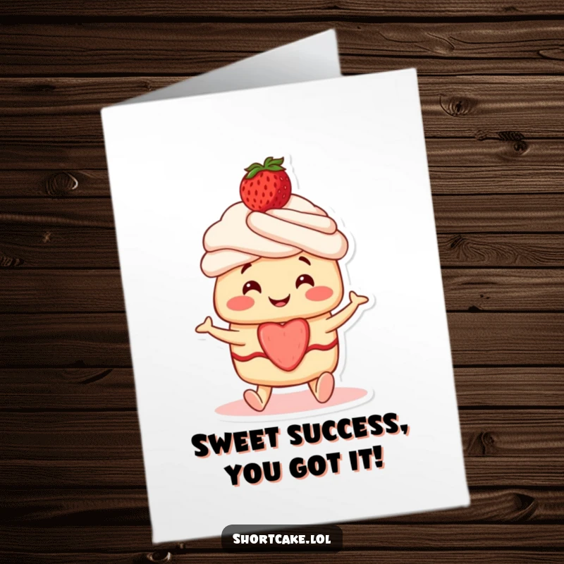 Funny Free Printable Congratulations Card: Smiling shortcake character with a strawberry on top wiggling its feet happily.