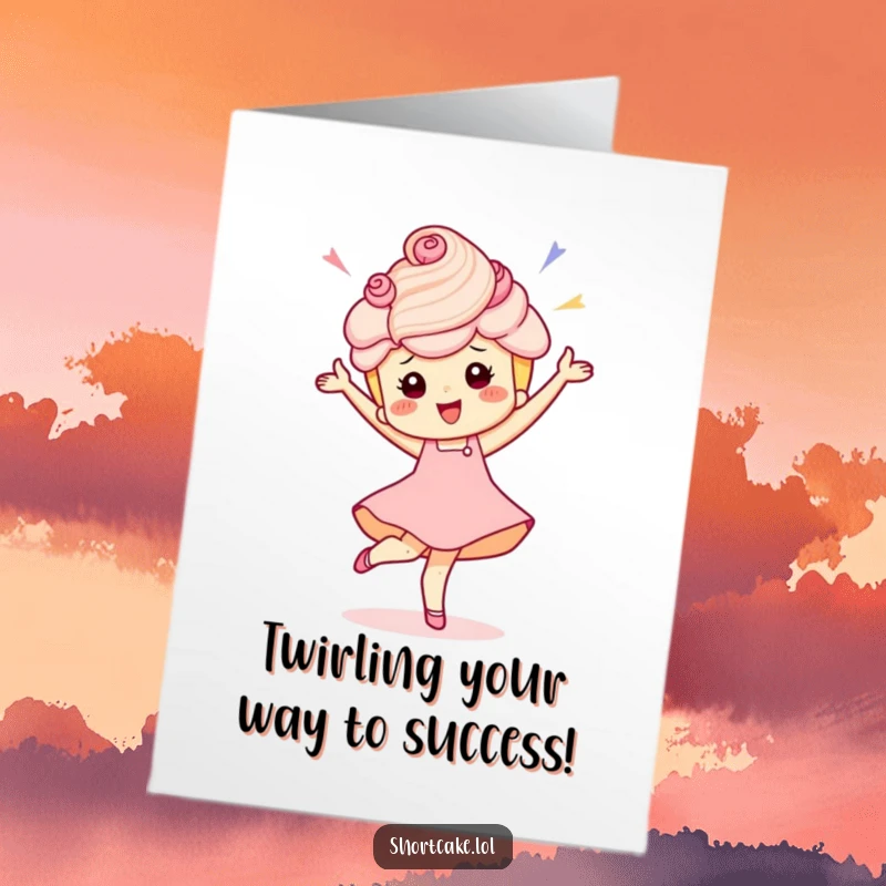 Funny Free Printable Congratulations Card: A shortcake character executes a spirited pirouette, celebrating a momentous achievement with pure delight.
