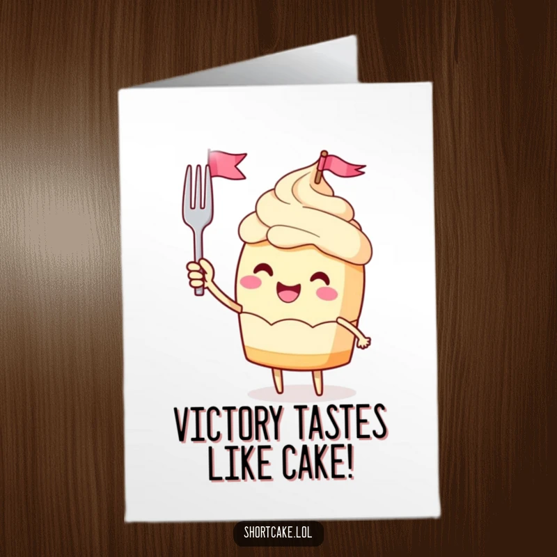 Funny Free Printable Congratulations Card: a shortcake enthusiastically waves a miniature fork flag in celebration.