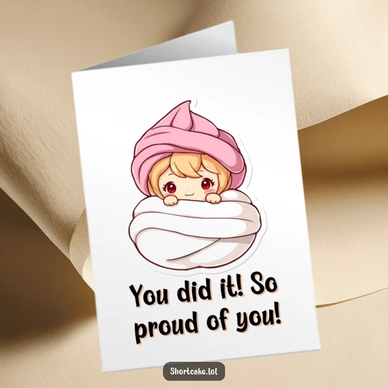 Funny Free Printable Congratulations Card: Adorable shortcake character peeking from behind a meringue, celebrating success with humor.