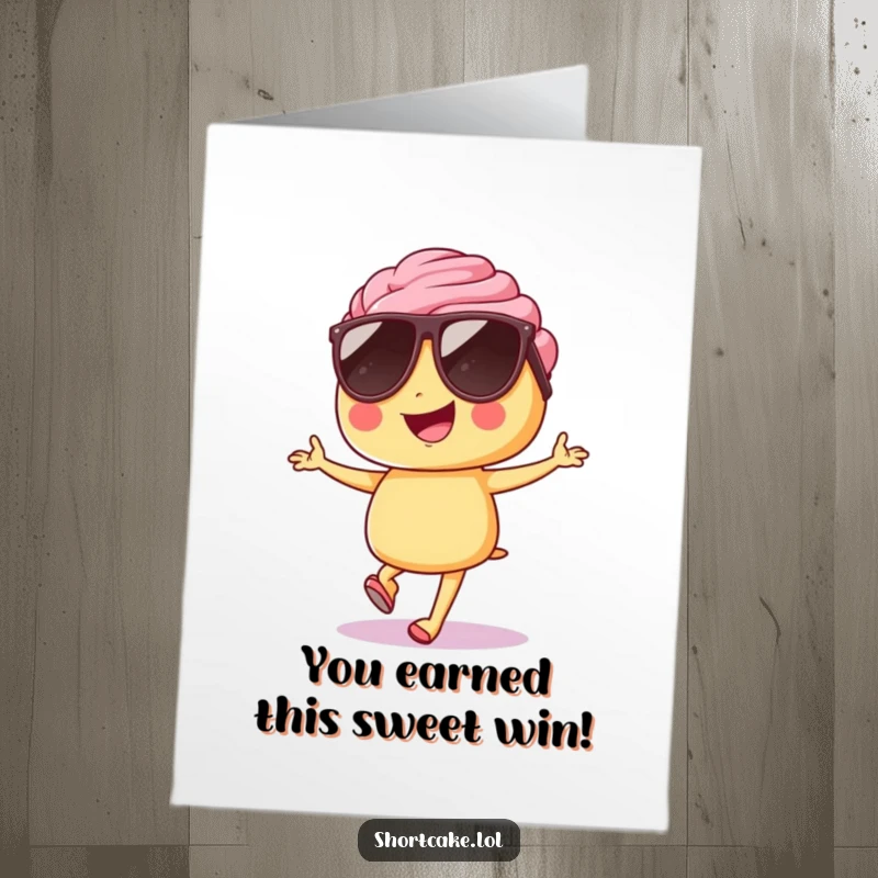 Free Printable Congratulations Card: A cool, sunglasses-wearing shortcake hops with joy for any celebration.
