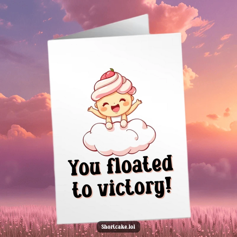 Free Printable Congratulations Card: A shortcake bounces joyfully on a cloud, radiating pure, giggling happiness.