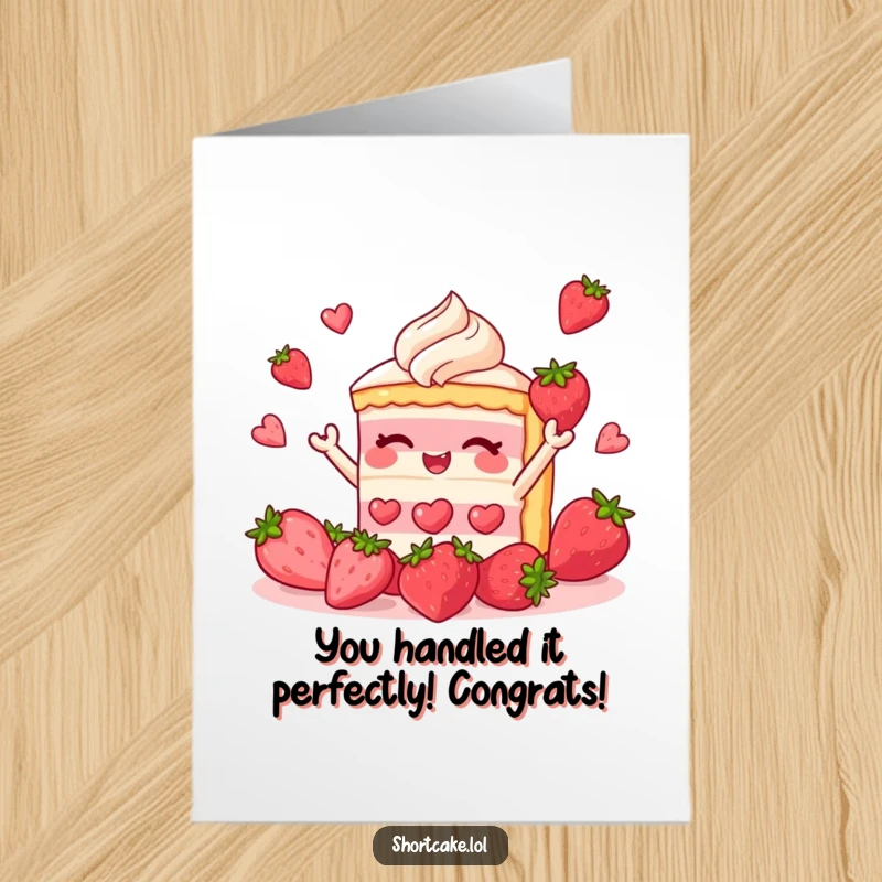 Funny Free Printable Congratulations Card: A happy slice of shortcake expertly juggling strawberries, celebrating your success with dessert-themed humor.
