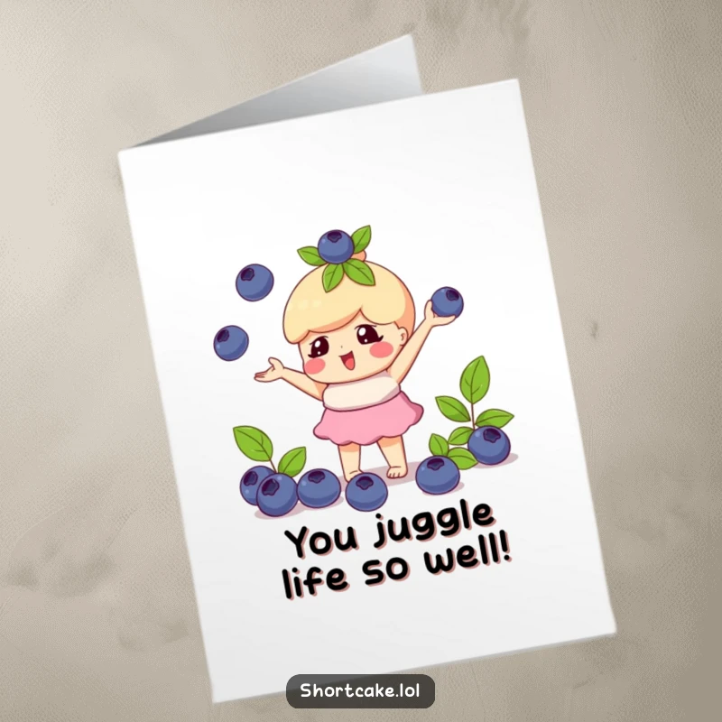 Funny Free Printable Congratulations Card: a shortcake character juggles blueberries, celebrating their accomplishment.