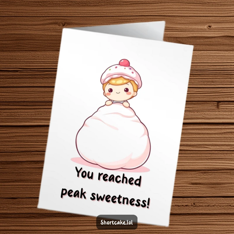 Free Printable Congratulations Card: A happy shortcake rests contentedly on a giant, fluffy meringue.