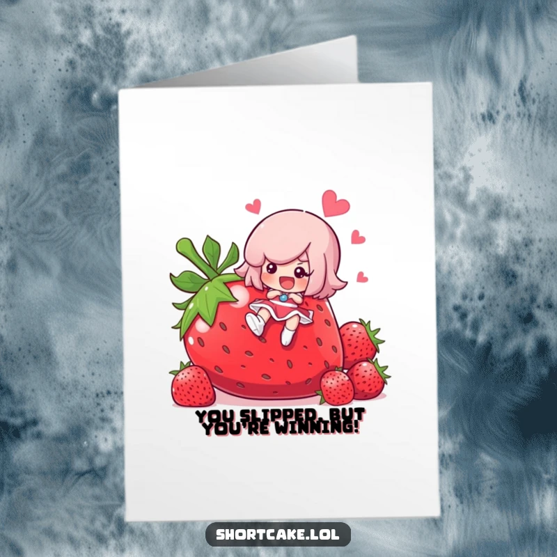 Funny Free Printable Congrats Card: Shortcake character hilariously slipping on a giant strawberry, a downloadable celebration of mishaps.