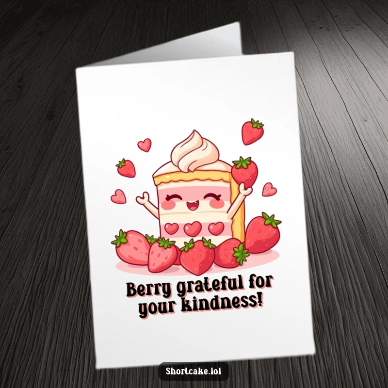 Funny Free Printable Thank You Card: A shortcake slice juggling strawberries with a happy expression, perfect for a humorous thank you.
