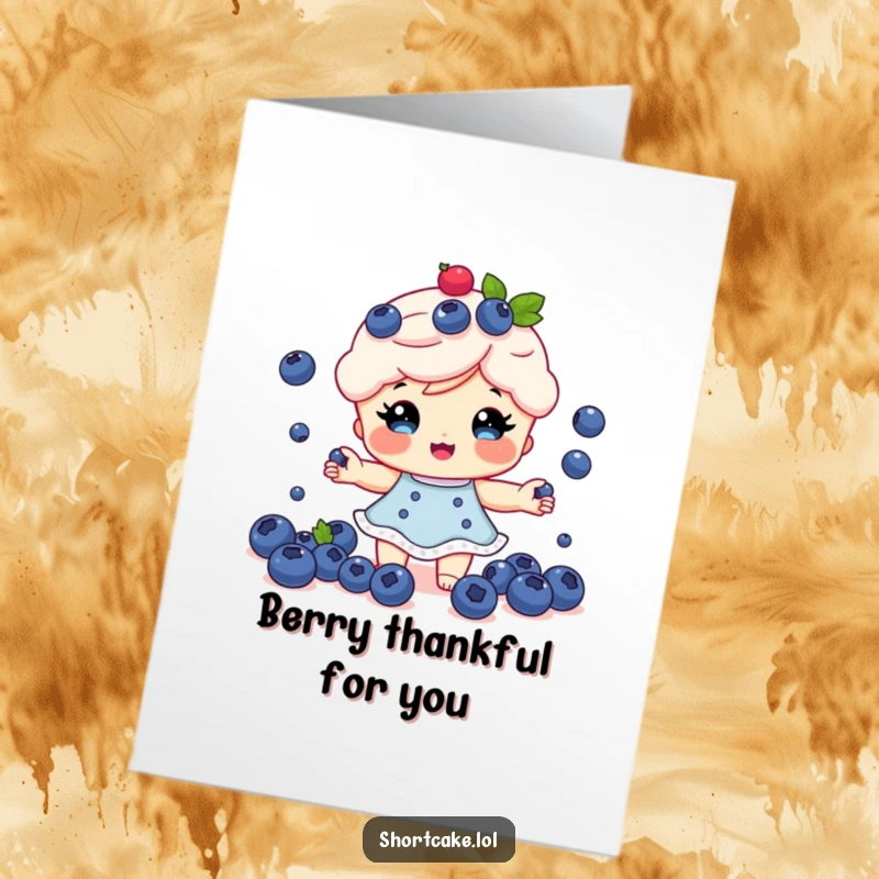 Funny Free Printable Thank You Card: A shortcake character juggling tiny blueberries, sending thanks with a cheerful expression.