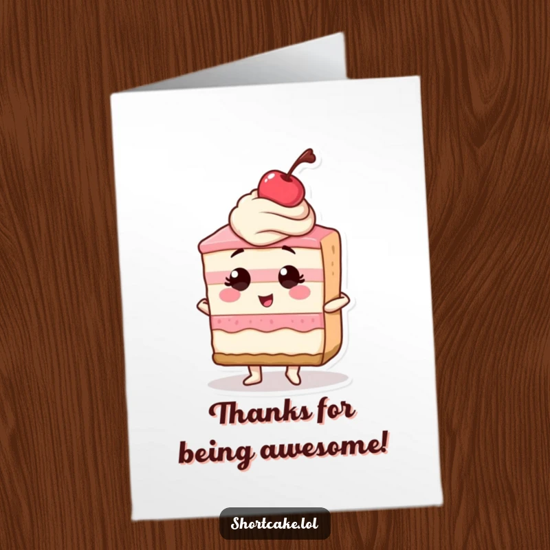 Funny free printable thank you card; a shortcake slice strikes a confident pose with a cherry on top, offering stylish gratitude.