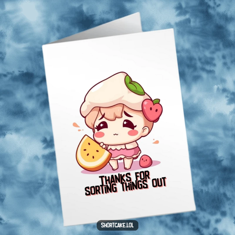 Funny Free Printable Thank You Card: A shortcake character sports a confused expression, a misplaced fruit slice adding to the comical effect.