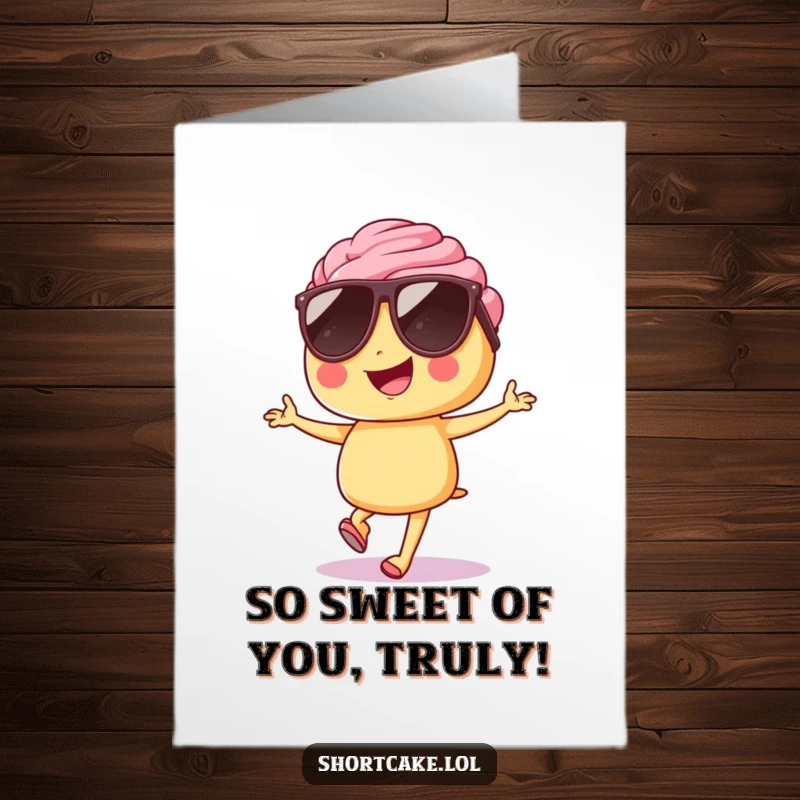 Funny Free Printable Thank You Card: Shortcake in sunglasses hops energetically, expressing cheerful thanks.
