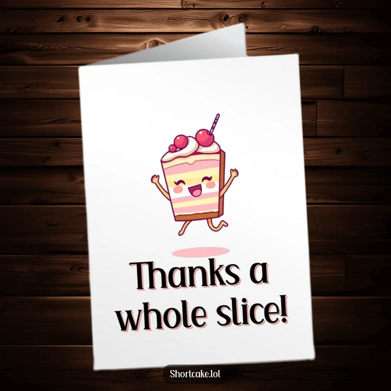 Funny Free Printable Thank You Card: A happy shortcake slice character leaps with joy, showing heartfelt gratitude with a sweet twist.