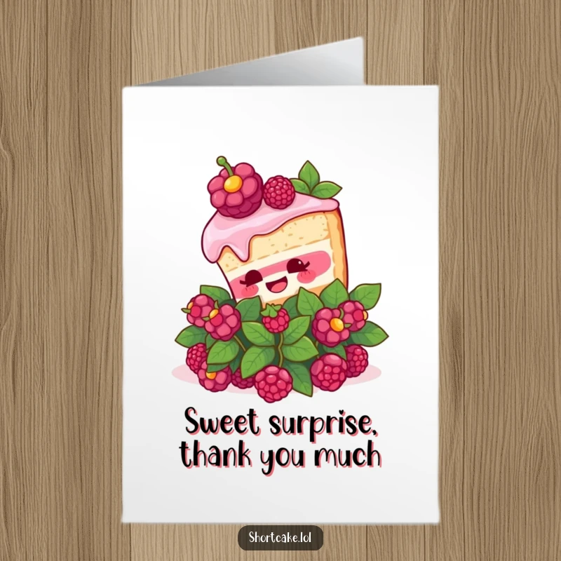 Funny Free Printable Thank You Card of a shortcake slice with a surprised look, emerging from a berry bush