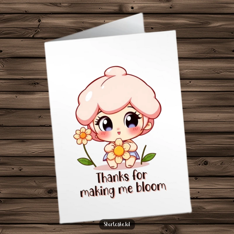 Funny Free Printable Thank You Card: A shortcake slice character admires a flower with wide, delighted eyes, showing thoughtful appreciation.