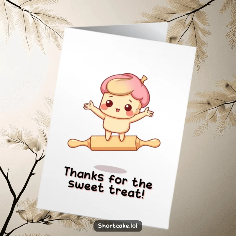Funny Free Printable Thank You Card showcasing a shortcake character's comical mishap on a rolling pin.