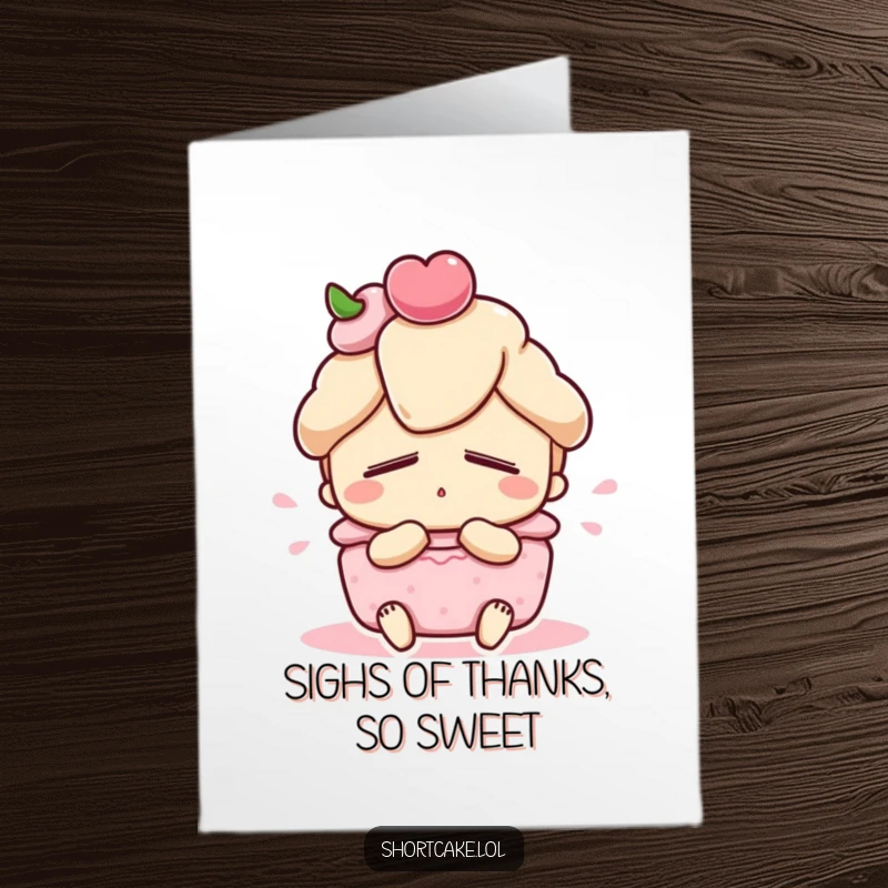Funny Free Printable Thank You Card featuring a shortcake character sighing contentedly, grateful for a sweet gesture.