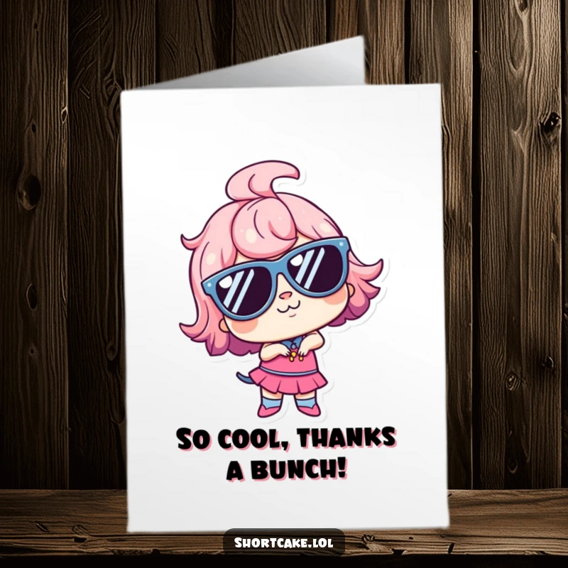 Funny Free Printable Thank You Card: Adorable shortcake character wearing massive sunglasses, striking a super goofy pose.