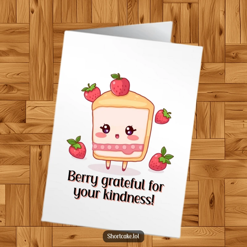 Funny Free Printable Thank You Card: A shortcake slice character gasps in surprise as a single berry falls towards its delicious topping.