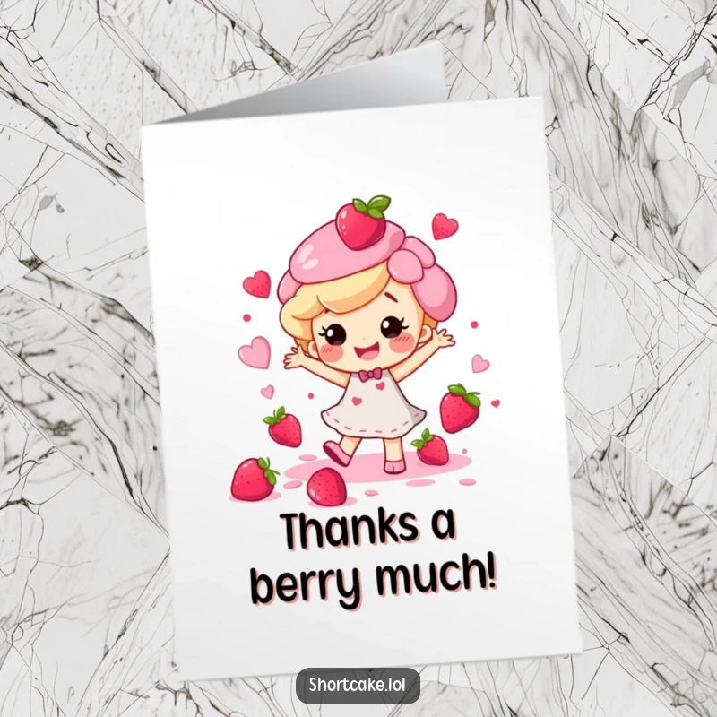 Funny Free Printable Thank You Card: A happy shortcake character dances with berry juice splatters, spreading cheerful thanks.