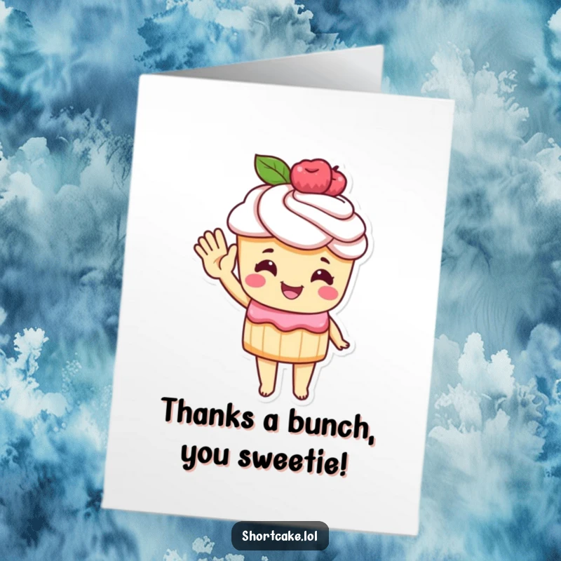 Funny Free Printable Thank You Card: Shortcake character waving a pastry hand, expressing thanks with a cheerful, humorous gesture.