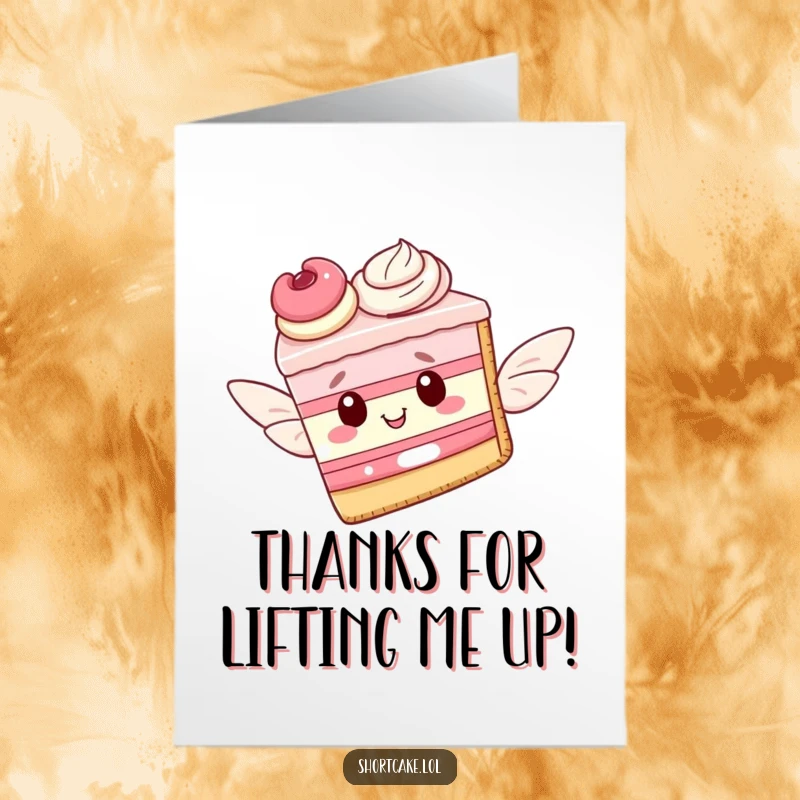 Funny free printable thank you card; a shortcake slice with pastry wings attempts to fly, conveying thanks humorously.