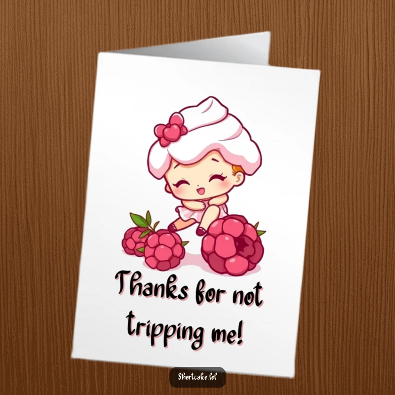 Funny Free Printable Thank You Card: Goofy shortcake character caught mid-trip over a raspberry, a humorous way to say thanks.