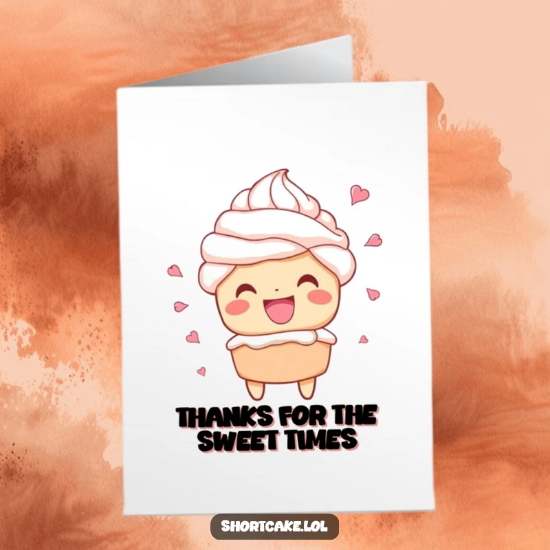 Funny Free Printable Thank You Card: A shortcake character offers a big, happy grin as whipped cream flies, signifying sweet thanks.