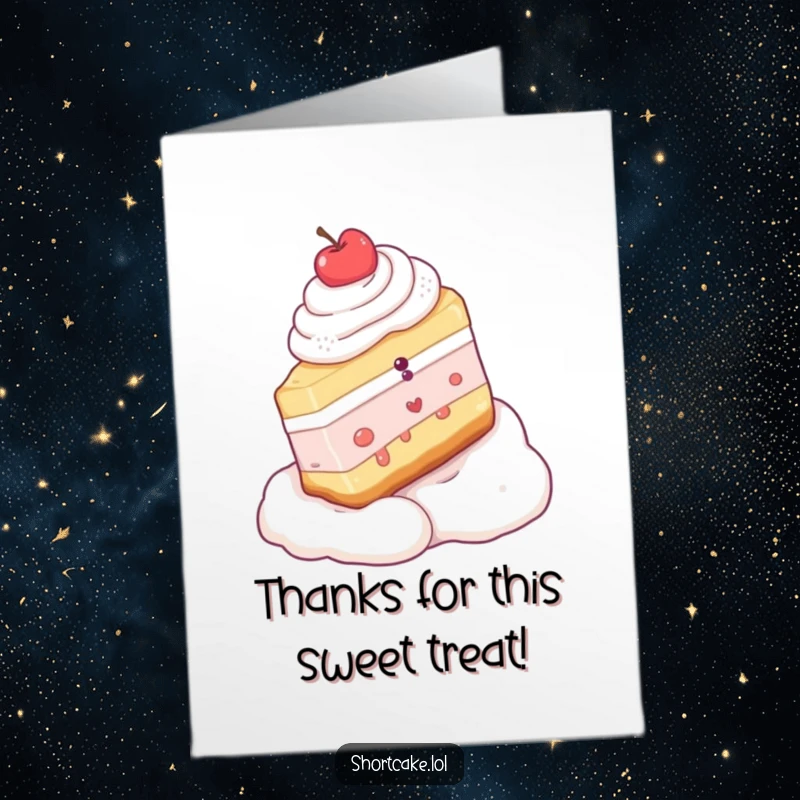Funny free printable thank you card; a shortcake slice hilariously slides down a whipped cream slope, expressing thanks with humor.