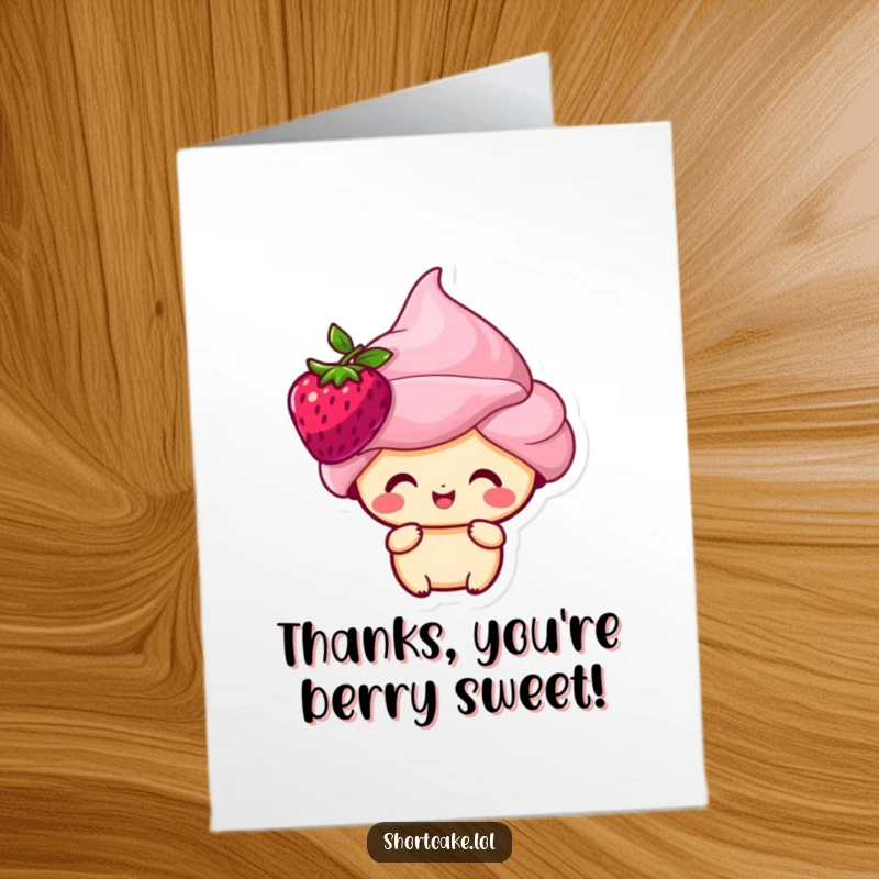 Funny free printable thank you card of a happy shortcake character with a berry on its head, expressing thanks.