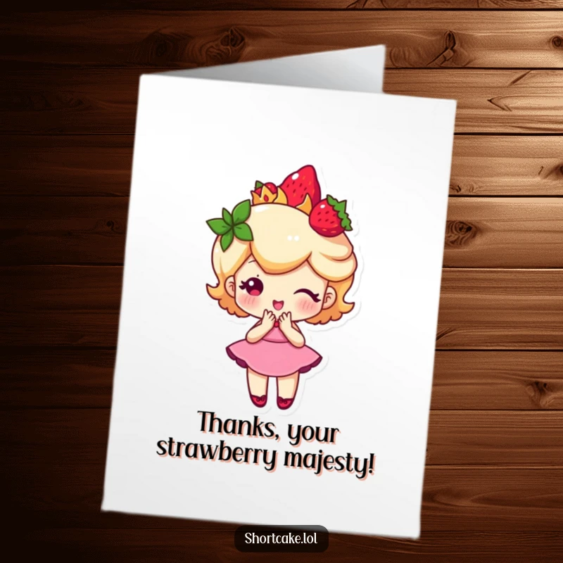 Funny Free Printable shortcake slice character wearing a strawberry crown and doing a curtsy, expressing heartfelt thanks.