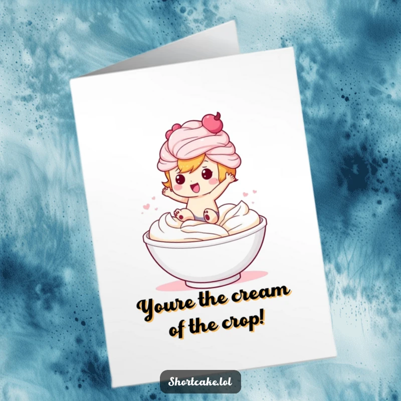 Funny Free Printable Thank You Card: Shortcake character making a splash in whipped cream to say thank you with joy.