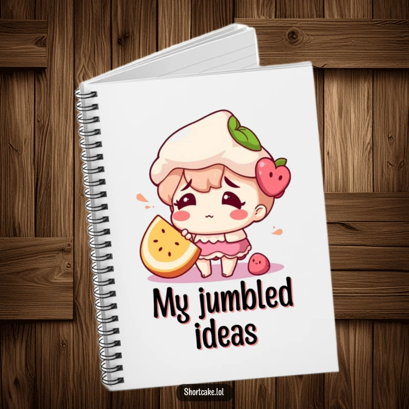 Funny notebook with a shortcake character looking confused, a fruit slice misplaced, great for notes.