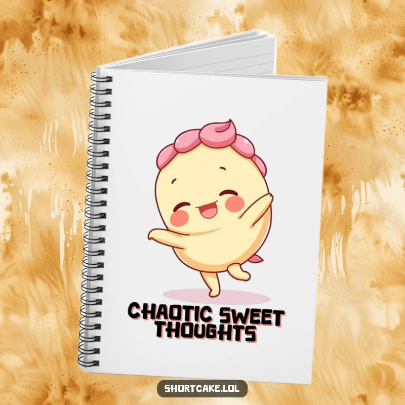 Funny notebook with a giggling shortcake doing a cartwheel, layers askew, for capturing energetic and fun ideas.
