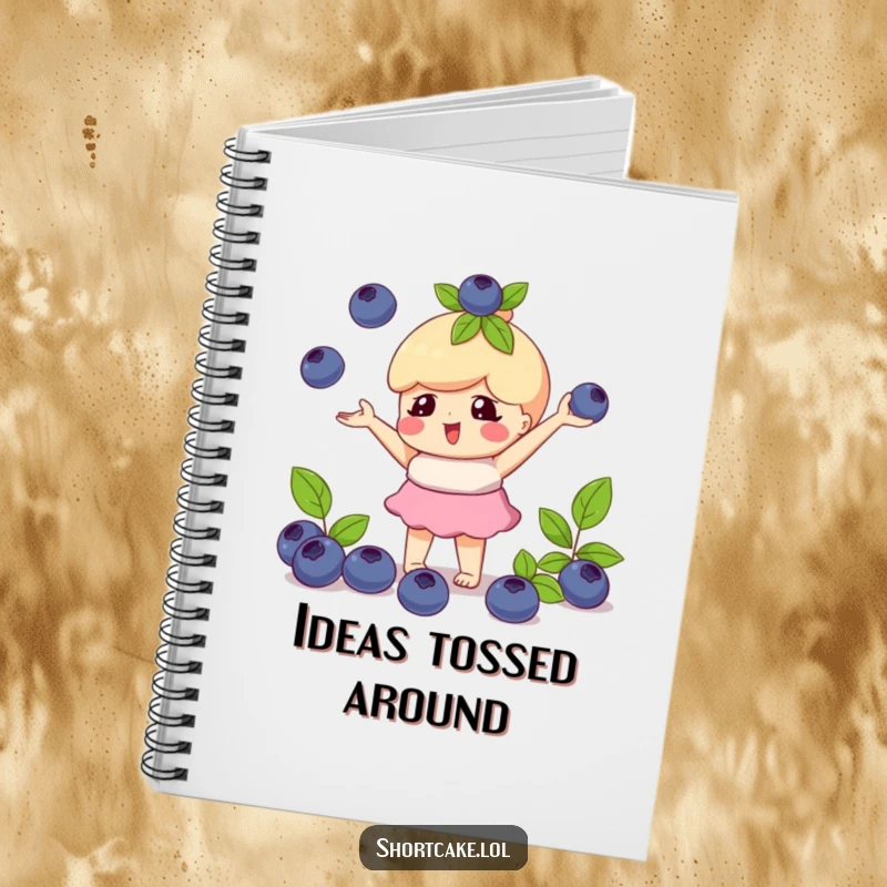 Funny notebook with a shortcake character playfully juggling blueberries, perfect for jotting down playful ideas.