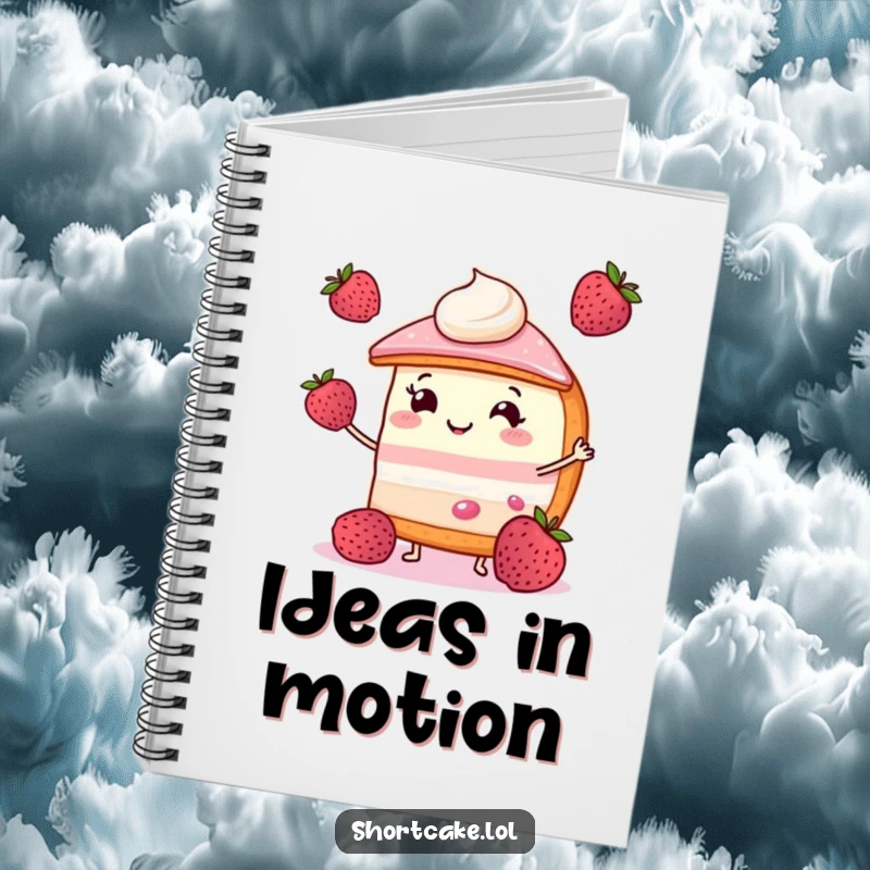 Funny shortcake notebook with a smiling slice juggling three small berries, ideal for jotting down sweet and funny thoughts.
