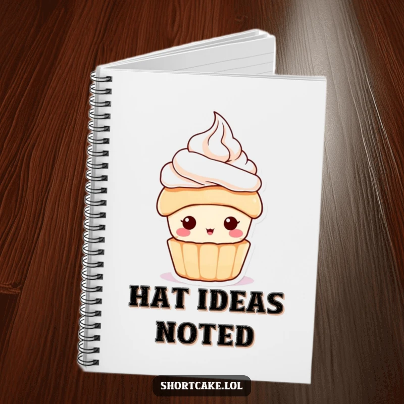 Funny Shortcake Hat Notebook featuring a cute dessert character wearing a tiny whipped cream hat, ideal for notes and a funny gift.