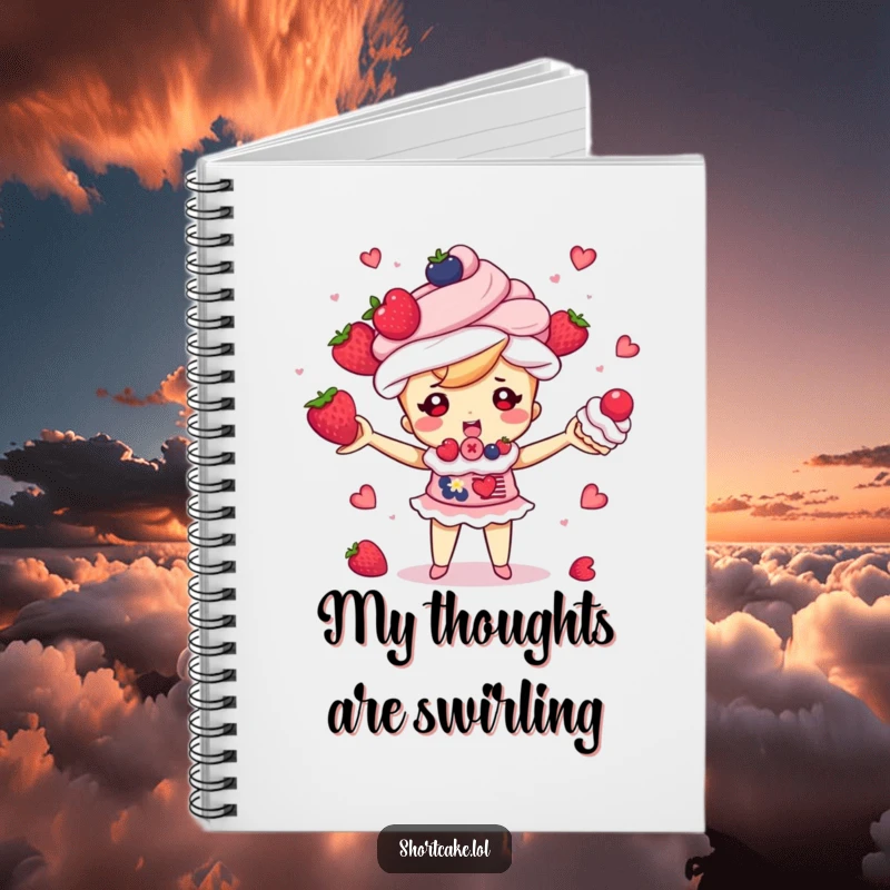 Funny shortcake character juggling berries and cream puffs, cute journal for notes, durable cover, a funny gift.