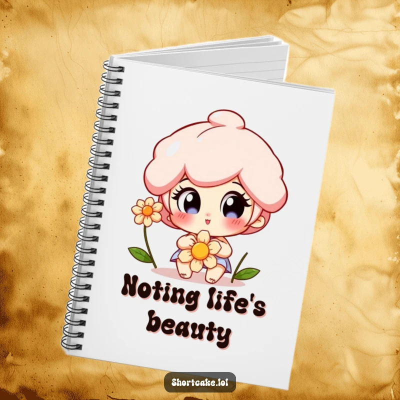 Funny Shortcake Notebook with a character exhibiting wide, delighted eyes while admiring a flower, ideal for note-taking with a sweet touch.