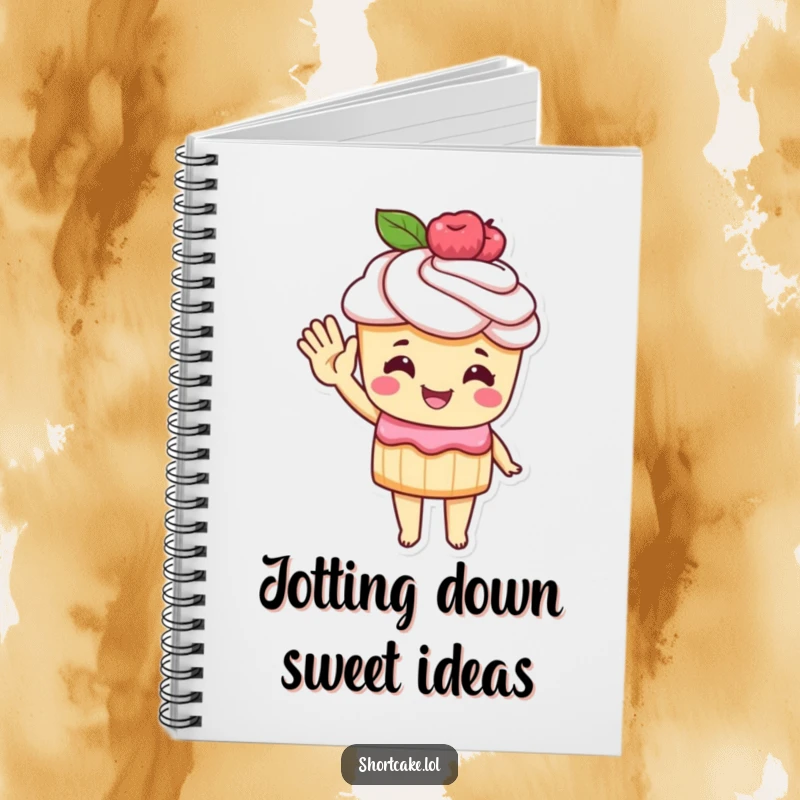 Funny Notebook with a shortcake character giving a cheerful wave using its pastry hand, perfect for capturing thoughts and inspiration.
