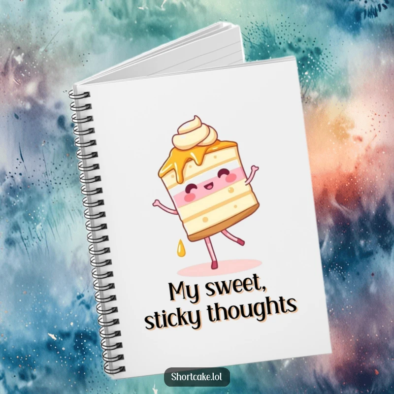 Funny Notebook with a shortcake slice performing a whimsical pirouette, syrup trail, ideal for jotting down funny thoughts.