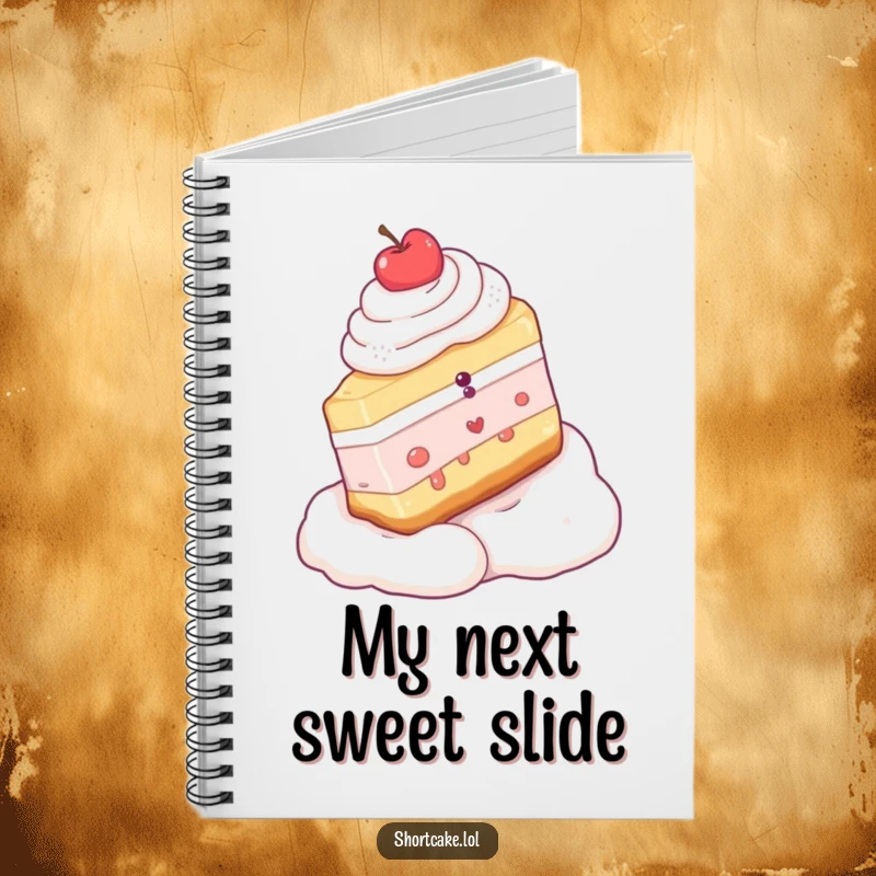 Funny notebook cover featuring a shortcake slice sliding down a whipped cream slope, ideal for jotting down sweet or silly ideas.