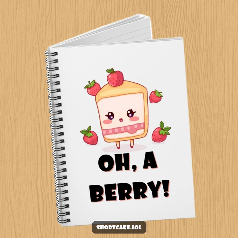 Funny notebook with a shortcake slice character looking surprised by a falling berry, great for notes and ideas.