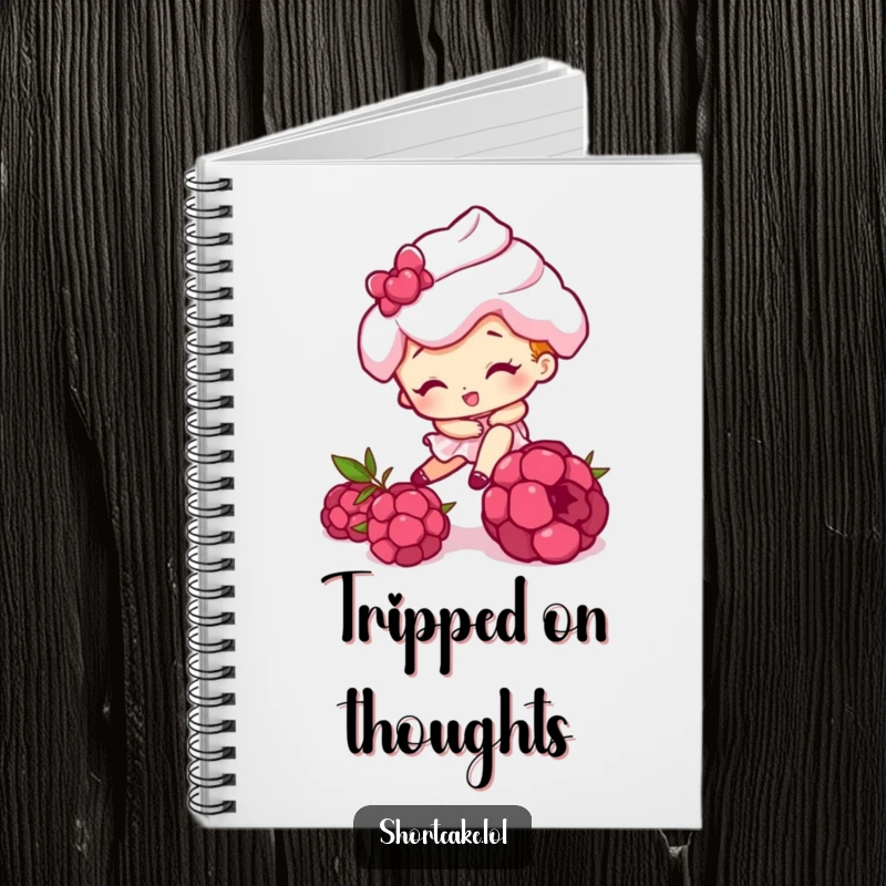 Funny notebook with a shortcake character comically tripping over a raspberry, ideal for jotting down notes and humorous thoughts.