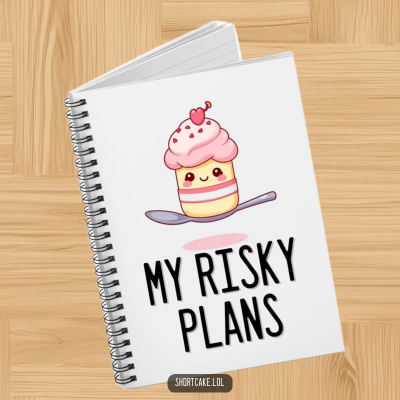 Funny shortcake winking on a spoon notebook, a dessert character balancing with a wink, inspiring witty notes.